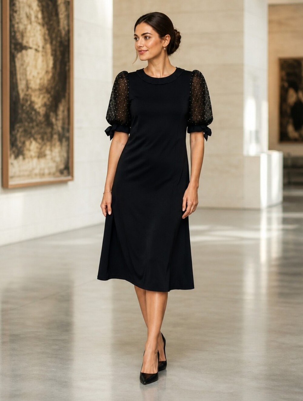 Black Midi Sheath Dress with Polka Dot Puff Sleeves
